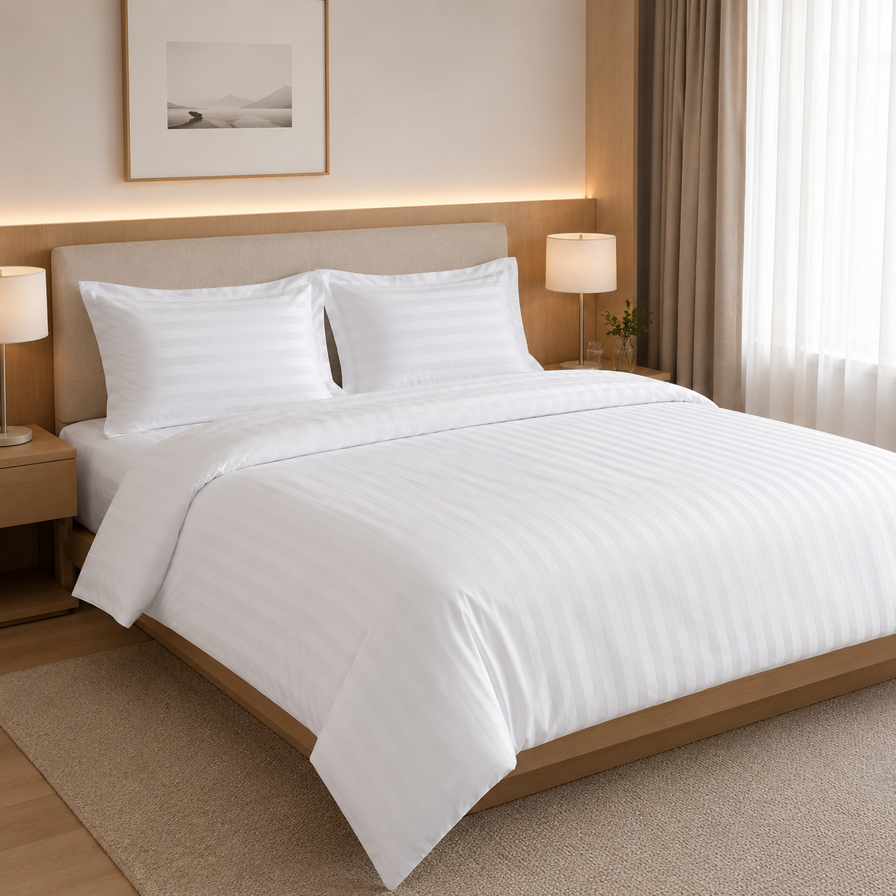 Cotton Bedding Set – 4-Piece Duvet Cover & Sheet Set, Striped White