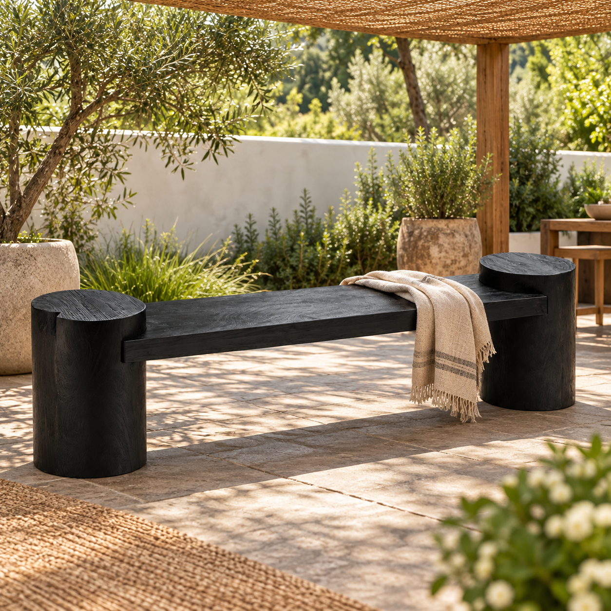 47" Black Solid Wood Bench – 2" Thick Slab Bench with Cylinder Legs