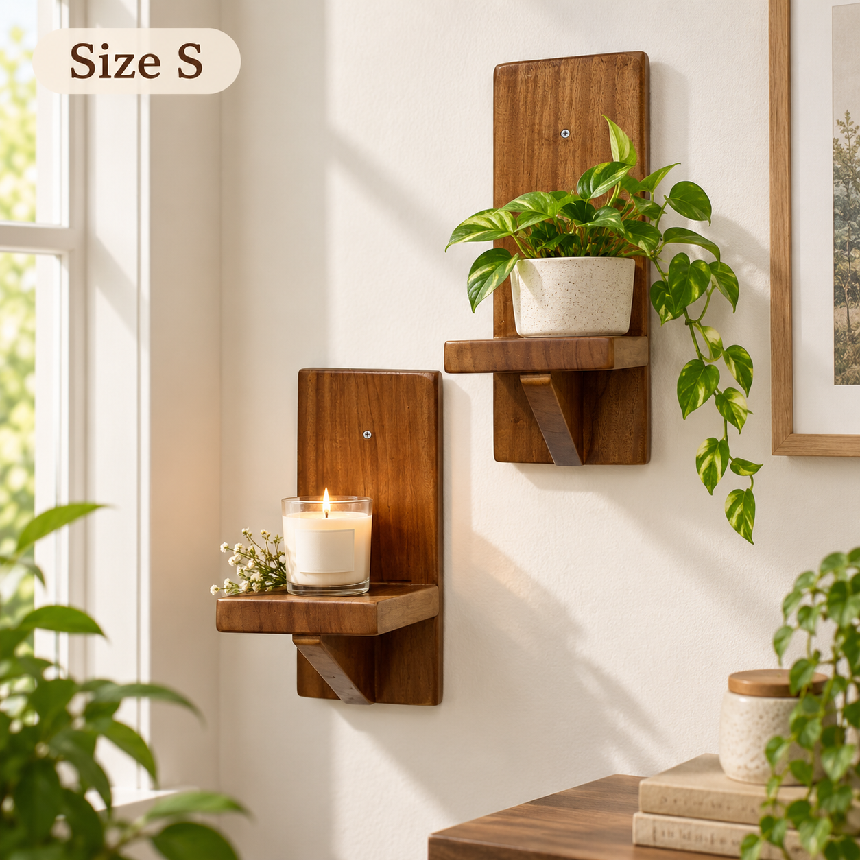 Set of 2 Wood Floating Wall Shelves – Small Rustic Decor Shelves for Plants