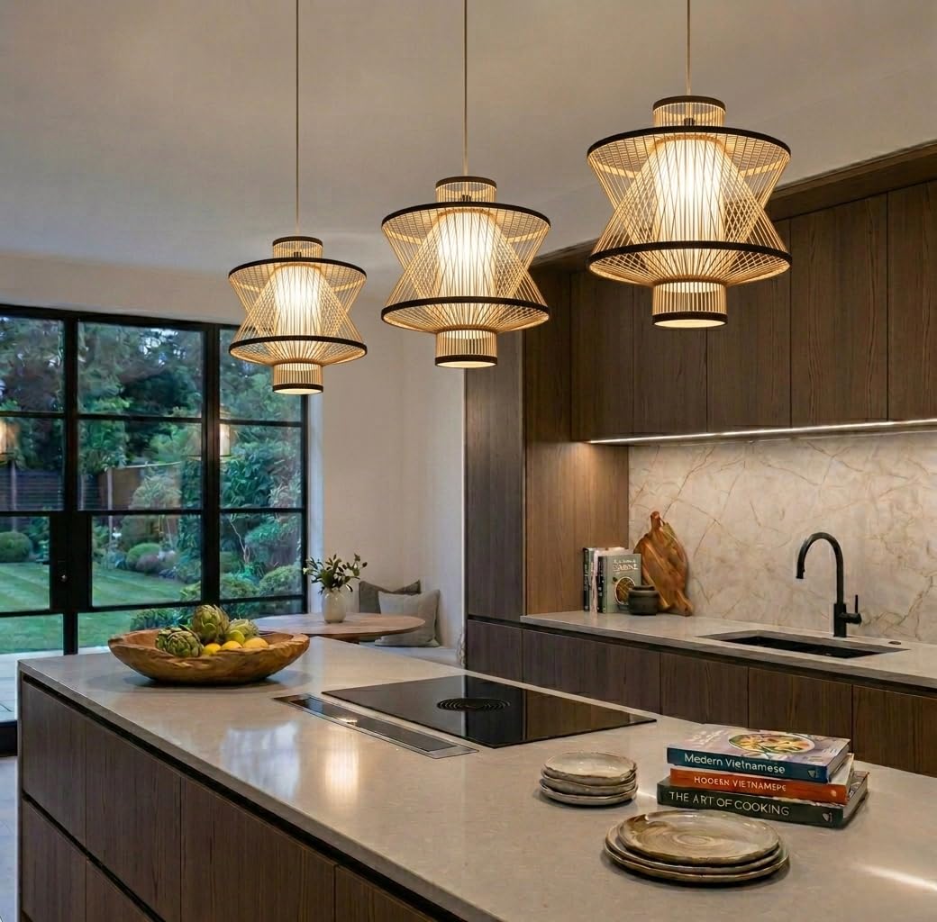 Conical Bamboo Lamp Shade Natural Chandelier Lampshade Handmade Wood Vintage Farmhouse Art Deco Ceiling Light Cover for LED or other bulbs 15.75 x 15.75in (40 x 40cm) - Uno Mount