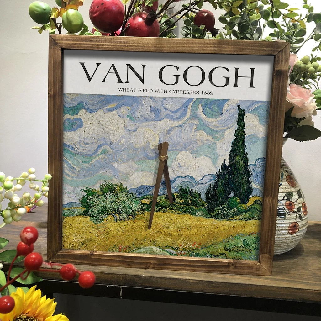 Wheat Field by Van Gogh Quartz Wall Clock 13" x 13" - Vintage Style Wood Frame with Cotton Canvas