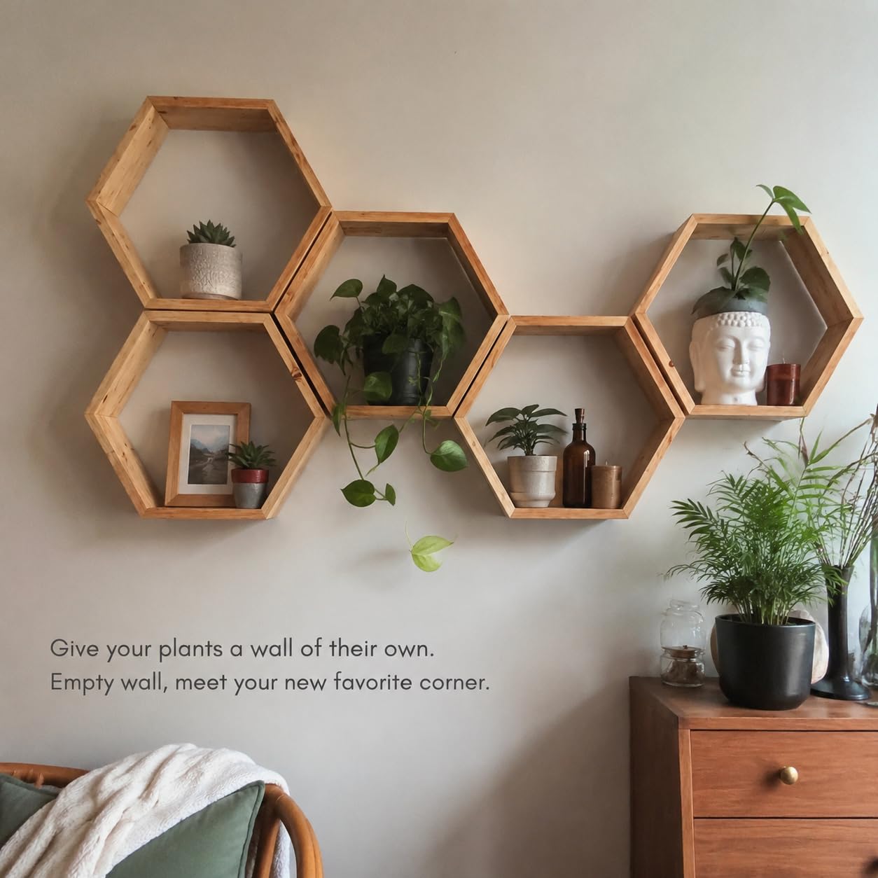 Hexagon Floating Shelves Set of 5, Wooden Honeycomb Wall Shelves for Plants, Rustic Wall Mounted Display Shelves for Bedroom, Living Room, Bathroom, Nursery & Home Decor