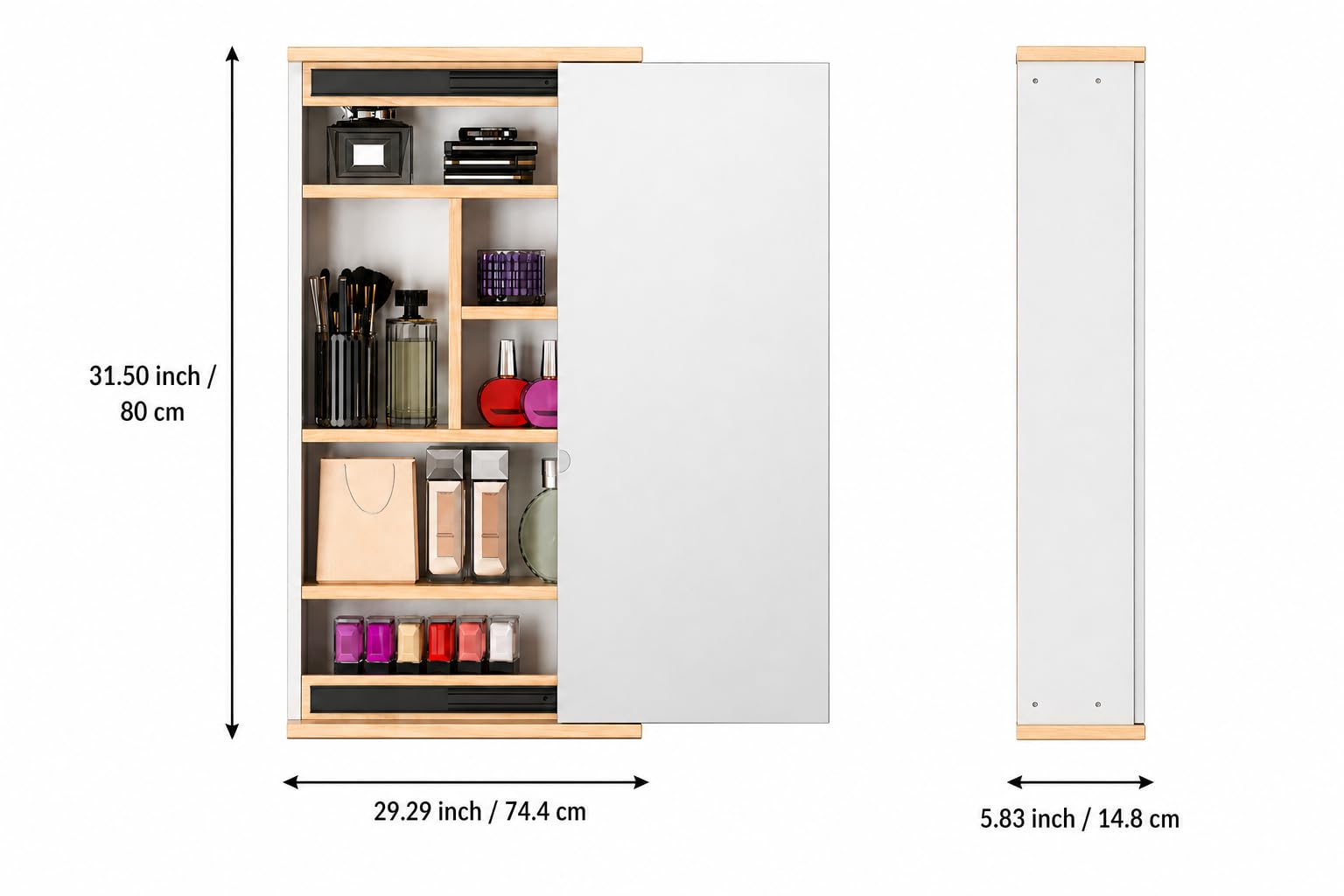 Kikbo Wall Mounted Bathroom Mirror Cabinet with Sliding Door, Waterproof Storage Organizer, Space-Saving Vanity Cabinet for Bathroom, Bedroom or Entryway (Natural Wood Finish)