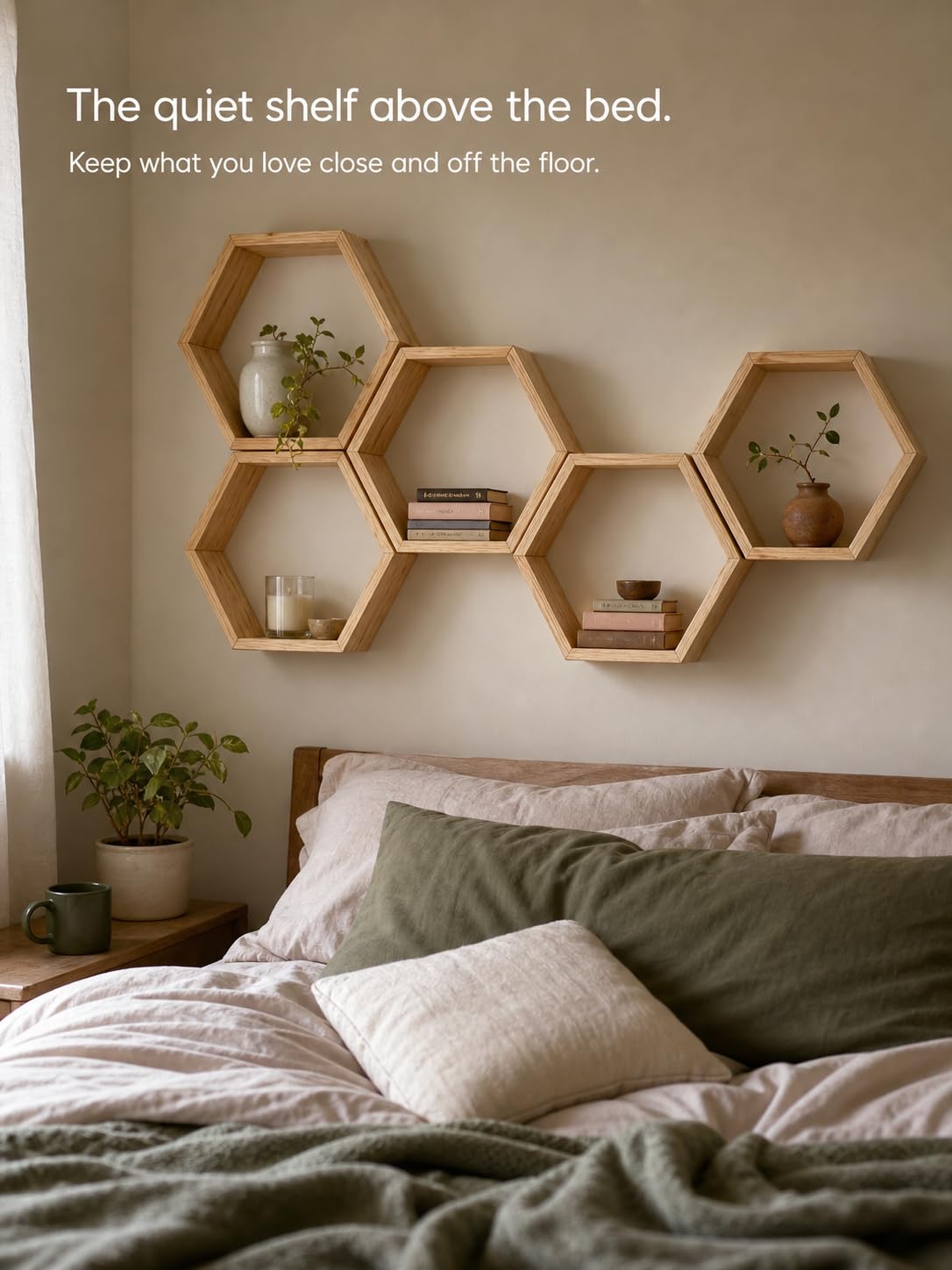 Hexagon Floating Shelves Set of 5, Wooden Honeycomb Wall Shelves for Plants, Rustic Wall Mounted Display Shelves for Bedroom, Living Room, Bathroom, Nursery & Home Decor