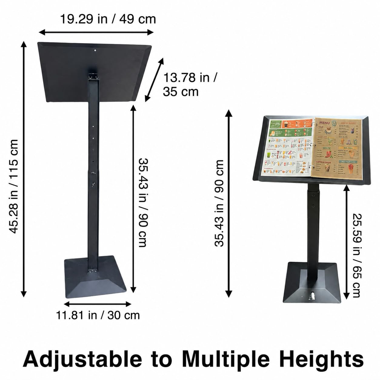 Freestanding A4 Menu Display Stand - Powder Coated Steel Sign Holder for Restaurant Cafe Retail - Adjustable Height 35 to 45 Inch - Black