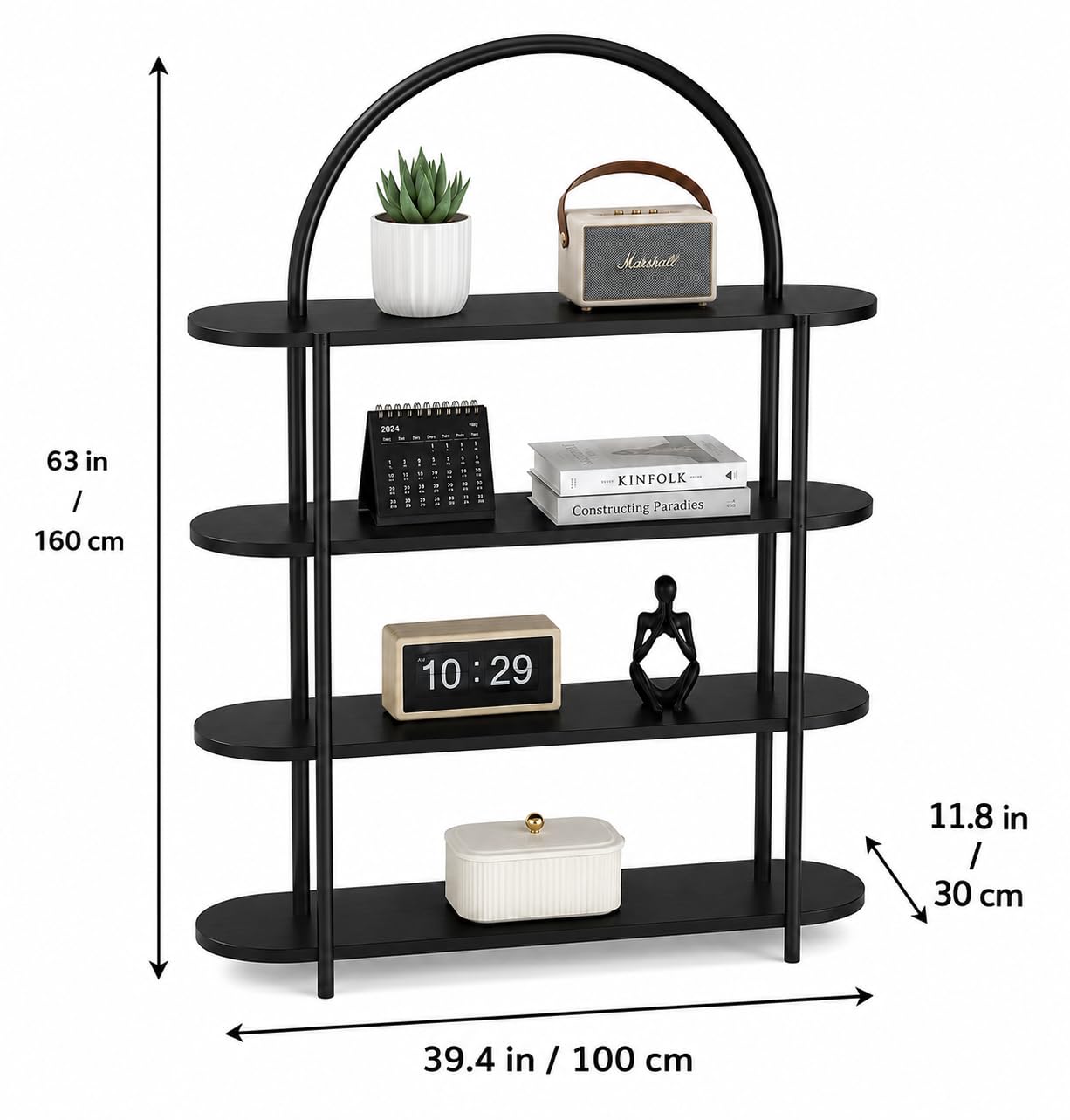 Modern Arched Bookshelf 4 Tier Wooden Display Shelf, Freestanding Storage Rack for Living Room, Bedroom & Office, Decorative Open Bookcase Organizer, Black Wood Finish