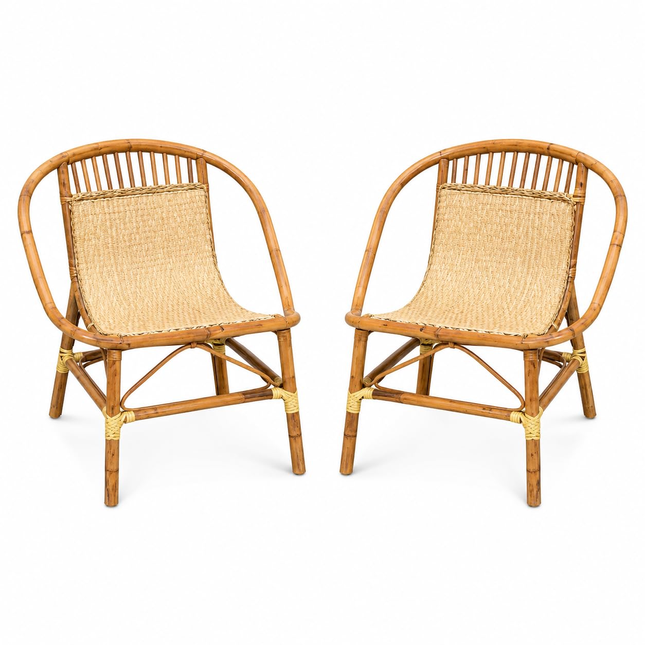 Set of 2 Rattan Dining Chairs, Natural Wicker Accent Chairs with Curved Back, Indoor Outdoor Seating for Dining Room, Patio, Balcony, Café, Living Room