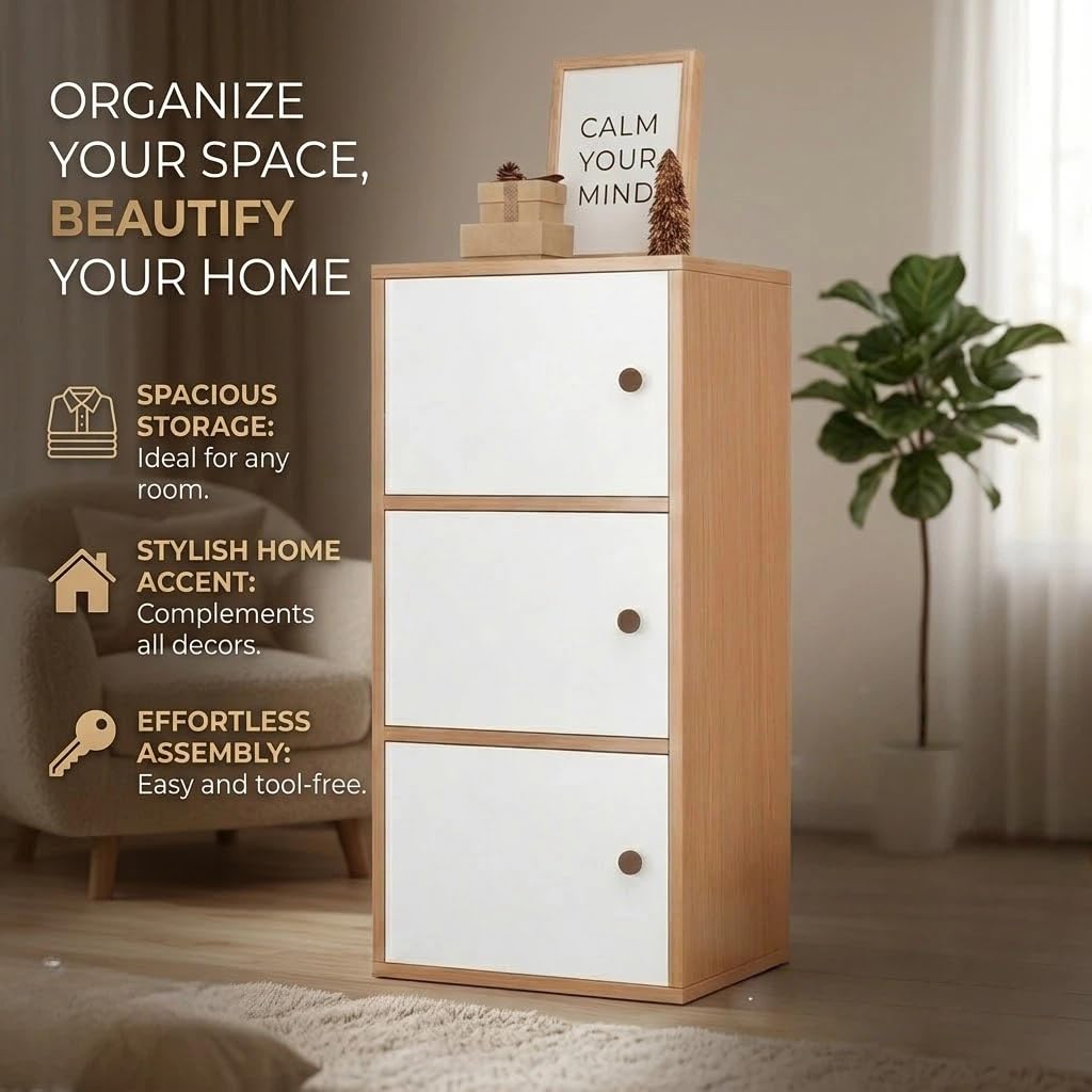 Kikbo 3-Drawer Storage Cabinet, Slim MDF Wooden Organizer Chest for Bedroom or Living Room, Narrow Freestanding Cabinet, 15.7” W x 9.4” D x 35.4” H, Oak and White