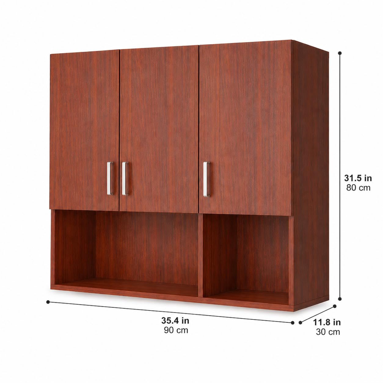 Kikbo Wall Mounted Kitchen Cabinet, 3-Door MDF Wood Storage Cupboard, 35.4”W x 11.8”D x 31.5”H (90x30x80cm), Space Saving Hanging Pantry Organizer with Shelves for Kitchen, Bathroom, Dining Room