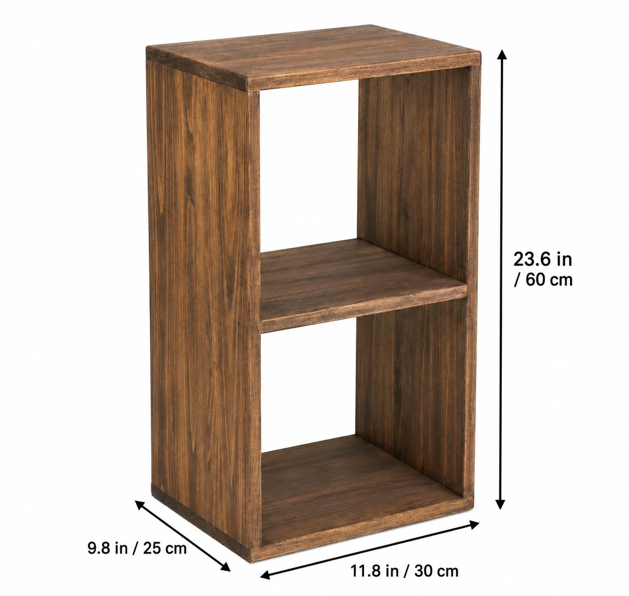 Modern 2-Tier Solid Wood Bedside Table, 23.6” Small Nightstand & End Table for Bedroom, Rustic Pine Wood Open Cube Storage Shelves, Accent Bookcase Display Shelf for Living Room, Walnut Finish