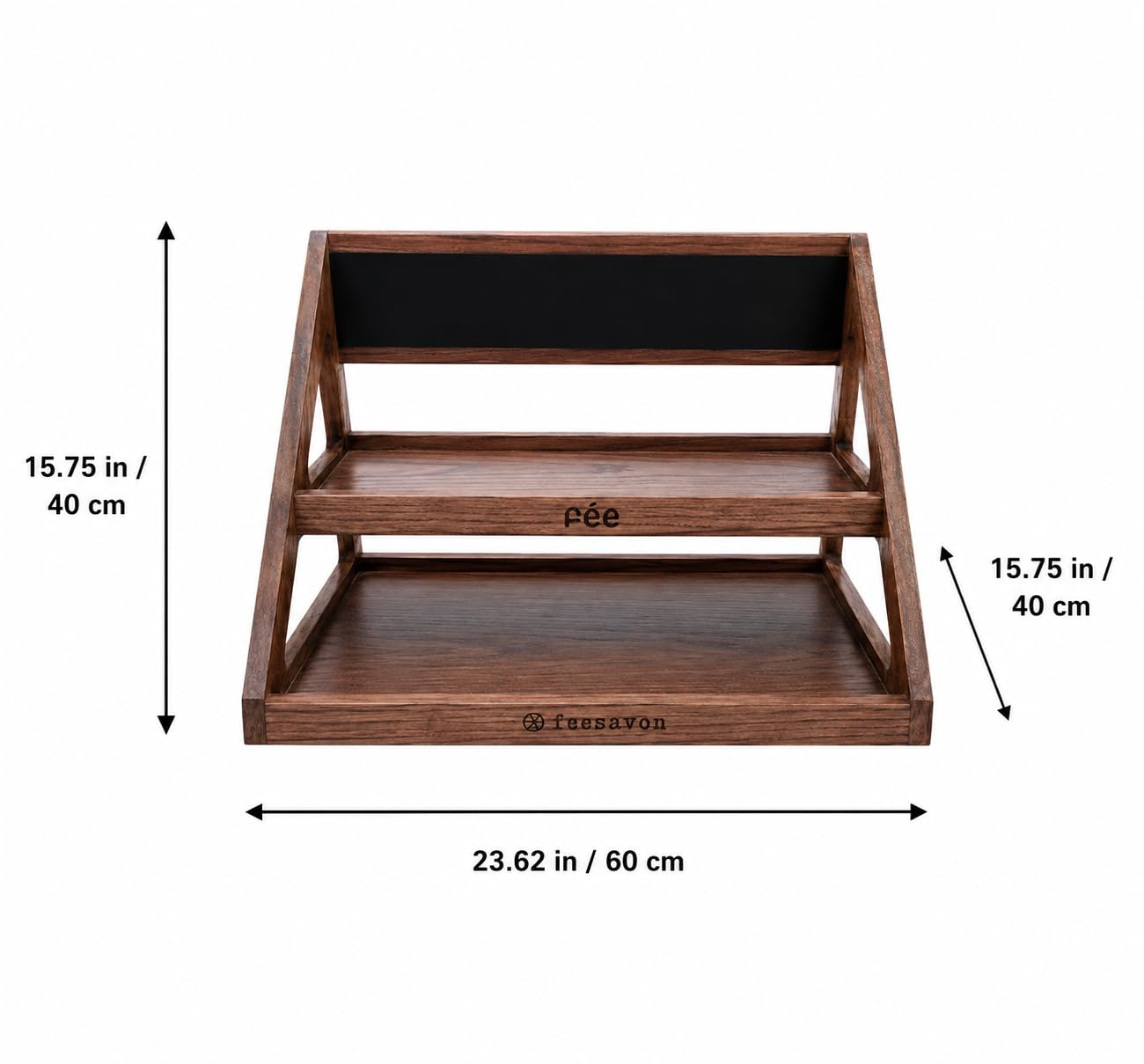 2-Tier Oak Veneer Cake and Fruit Display Stand with Chalkboard Label - Waterproof PU Finish for Cafe Bakery Buffet - 23.6 x 13.8 x 15.7 Inch Brown
