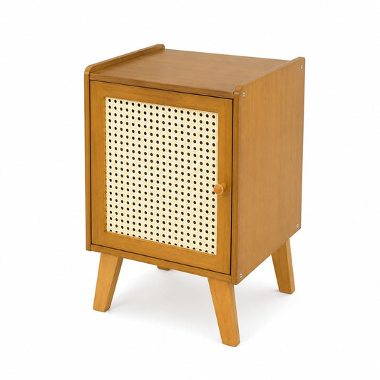 Rattan Nightstand with Door, Wooden Bedside Table, Mid Century Modern End Table with Storage Cabinet, Japandi Scandinavian Accent Side Table for Bedroom, Living Room, Small Spaces, Oak Finish