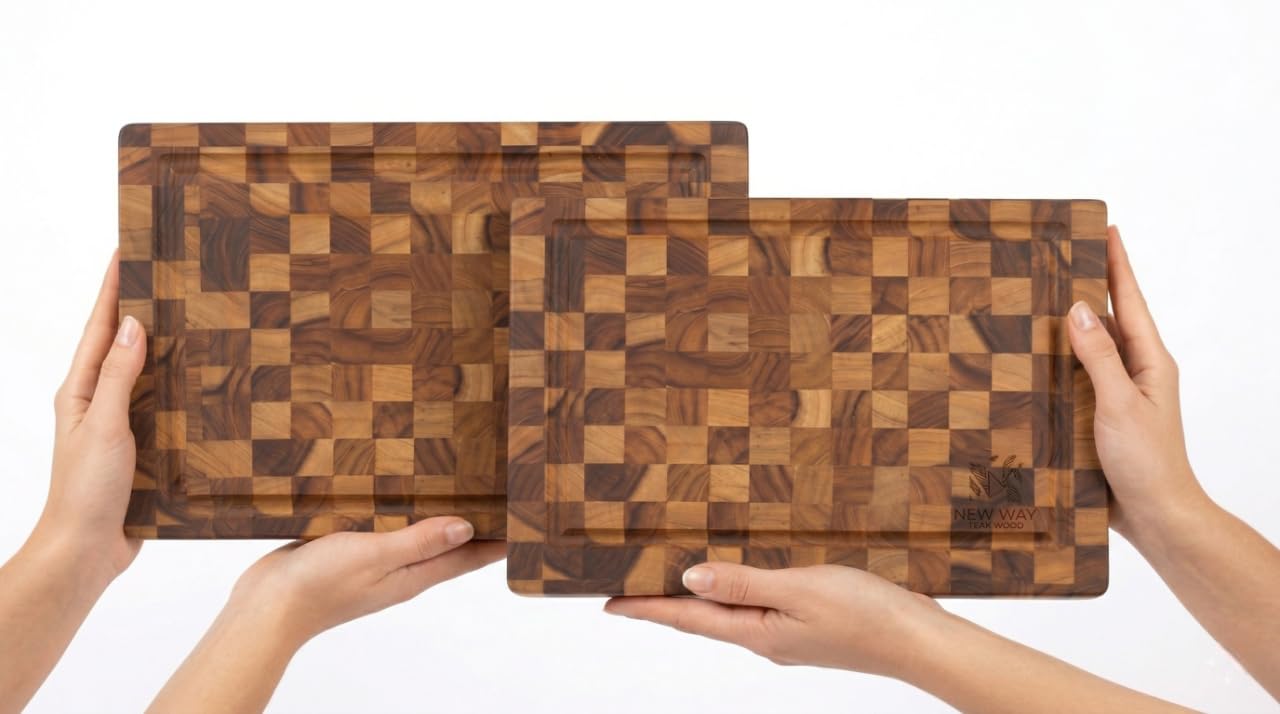 Natural Teak Wood Cutting Board with Juice Groove – Durable End Grain Butcher Block, Knife-Friendly, FSC, Medium Thick Chopping Board for Kitchen BBQ Gifts (11.8 x 7.9 x 1 Inches)
