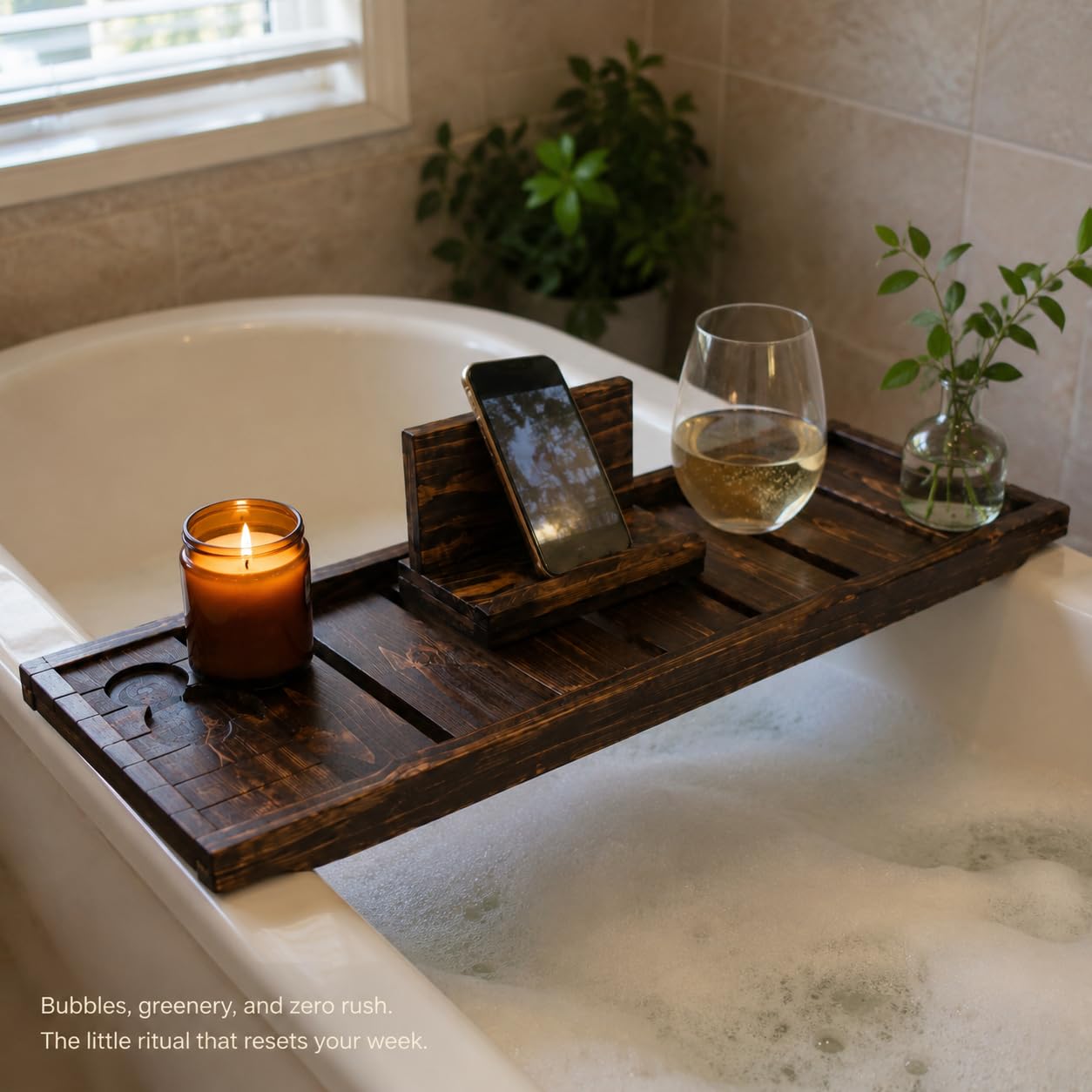 Wooden Bathtub Caddy Tray, Expandable Bath Tub Tray with Tablet & Phone Holder, Wine Glass Slot, Spa Bath Tray Organizer for Book, Candle & Bathroom Accessories