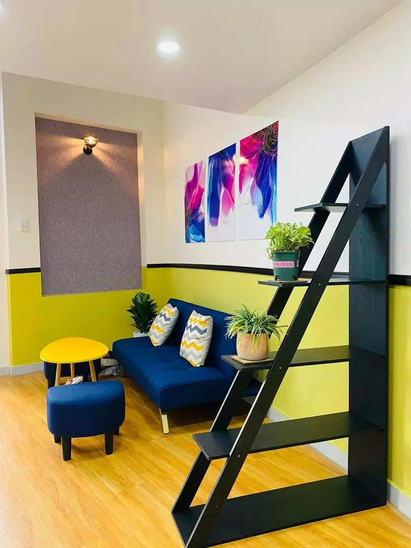 Ladder Bookshelf, 5-Tier Industrial Bookcase with Storage Shelves, Modern Room Divider Bookcase, Freestanding Display Shelf for Living Room, Bedroom, Home Office, Black Wood Grain, 39.4" W x 70.9" H