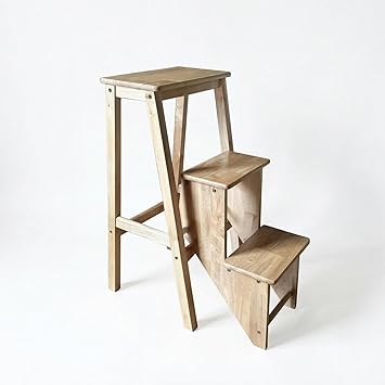 Folding 3-Step Wooden Ladder Stool, Multi-Purpose Step Stool Chair for Kitchen, Home or Office, Space-Saving Step Ladder