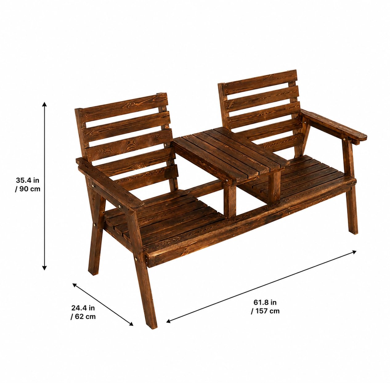 Outdoor Garden Bench and Tea Table Set - Pine Wood Patio Balcony Furniture with Backrest - Weatherproof PU Coating - 62 Inch Classic Brown
