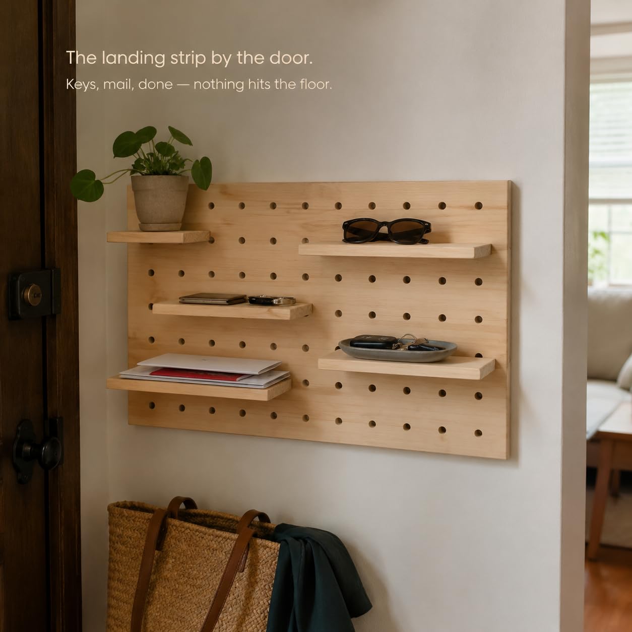 Wooden Pegboard Wall Organizer, Wall Mounted Kitchen Spice Rack with Adjustable Shelves, Modular Storage Display Board for Seasonings, Bottles, Coffee Bar, Craft Room & Home Organization
