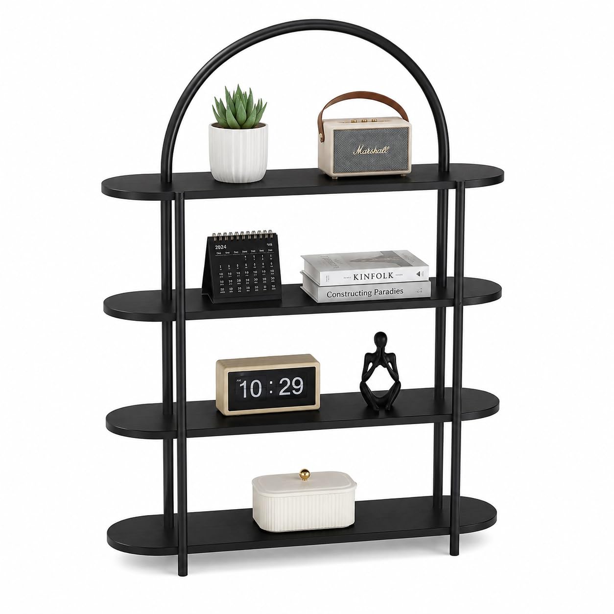 Modern Arched Bookshelf 4 Tier Wooden Display Shelf, Freestanding Storage Rack for Living Room, Bedroom & Office, Decorative Open Bookcase Organizer, Black Wood Finish