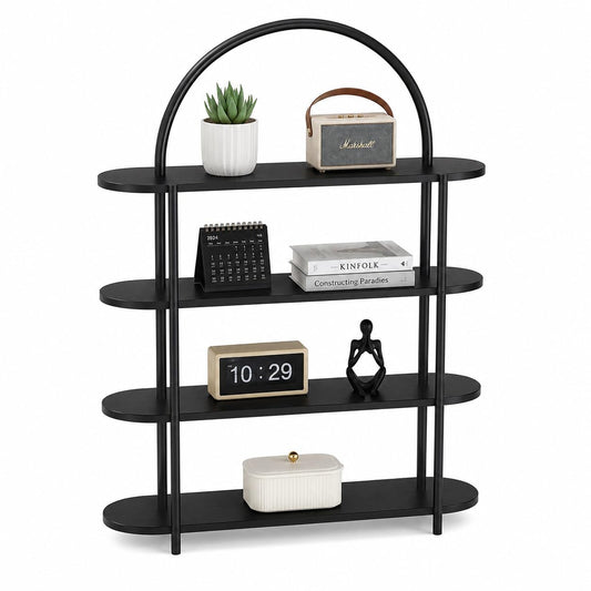 Modern Arched Bookshelf 4 Tier Wooden Display Shelf, Freestanding Storage Rack for Living Room, Bedroom & Office, Decorative Open Bookcase Organizer, Black Wood Finish