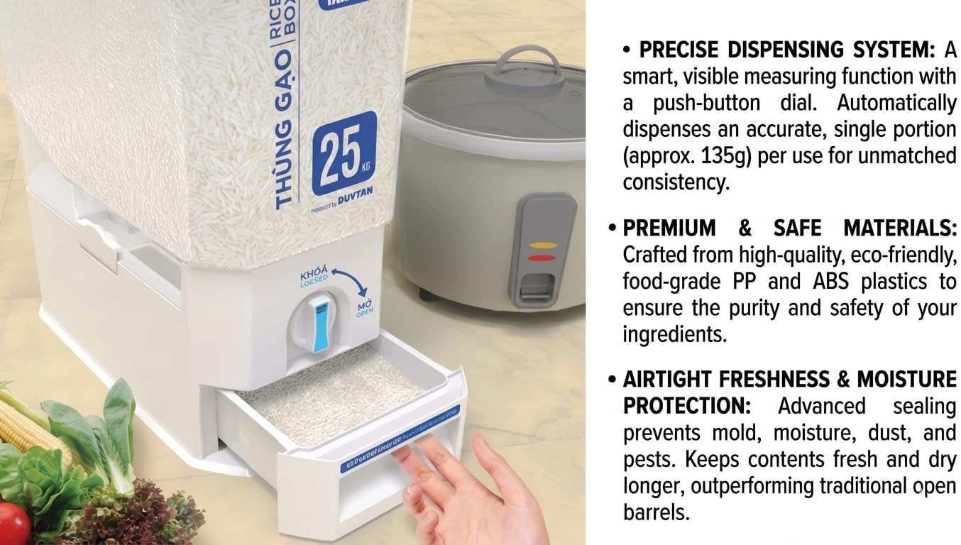 Kikbo 2-Pack LARGE Rice and Small Grains Dispenser 55 lbs / 25kg - Keep Fresh, Easy Fast Food Prep Rice Beans Flour Grains, No Mess Pantry Kitchen Organizer (1 Gray + 1 Blue/White)