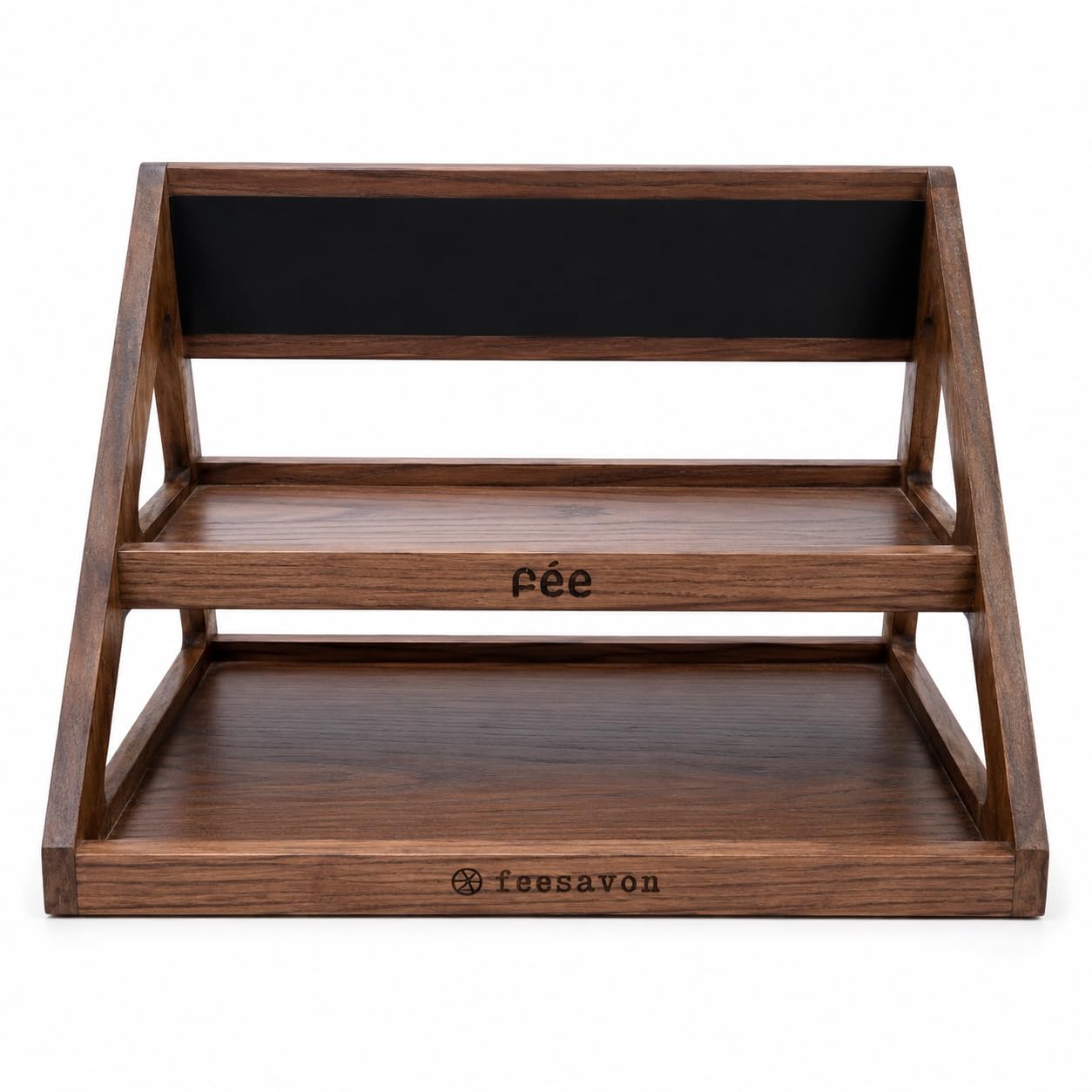 2-Tier Oak Veneer Cake and Fruit Display Stand with Chalkboard Label - Waterproof PU Finish for Cafe Bakery Buffet - 23.6 x 13.8 x 15.7 Inch Brown