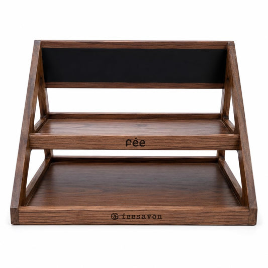 2-Tier Oak Veneer Cake and Fruit Display Stand with Chalkboard Label - Waterproof PU Finish for Cafe Bakery Buffet - 23.6 x 13.8 x 15.7 Inch Brown