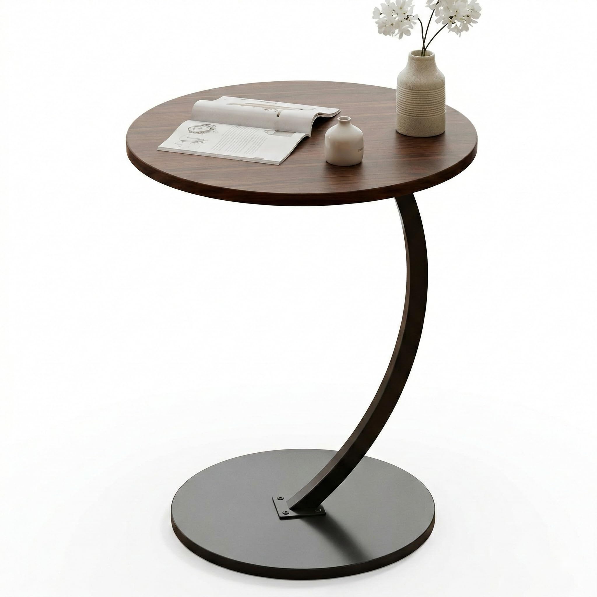 Modern Round C-Shaped Side Table, Small End Table for Sofa, Space Saving Coffee Table for Living Room & Bedroom, MDF Top with Metal Frame