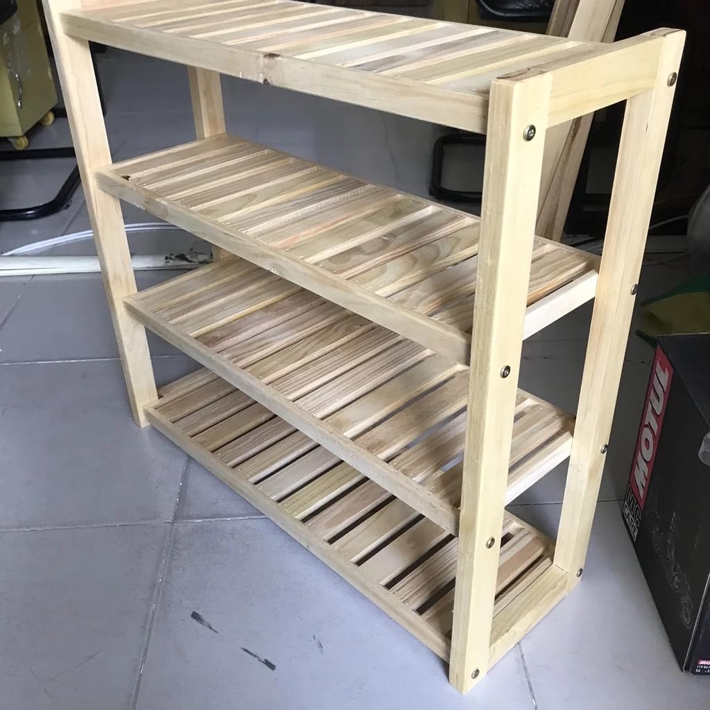 4-Tier Solid Pine Wood Shoe Rack Organizer, 19.7 Inch Entryway Shoe Storage Shelf, Freestanding Wooden Shoe Stand for Closet, Hallway, Bedroom and Living Room