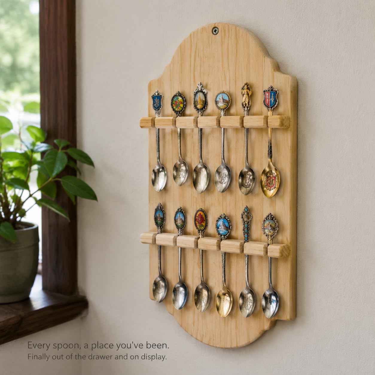 Wall Mounted Wooden Spoon Rack, Rustic Kitchen Utensil Organizer with 2 Shelves and 12 Hooks, Farmhouse Wood Storage Display Rack for Spoons, Ladles, Spatulas, Kitchen Decor