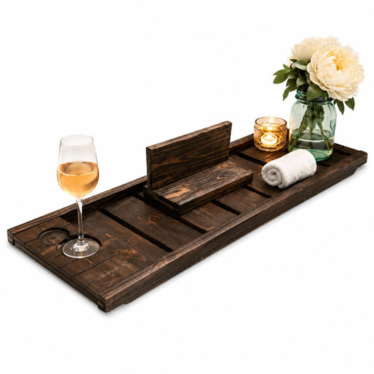 Wooden Bathtub Caddy Tray, Expandable Bath Tub Tray with Tablet & Phone Holder, Wine Glass Slot, Spa Bath Tray Organizer for Book, Candle & Bathroom Accessories