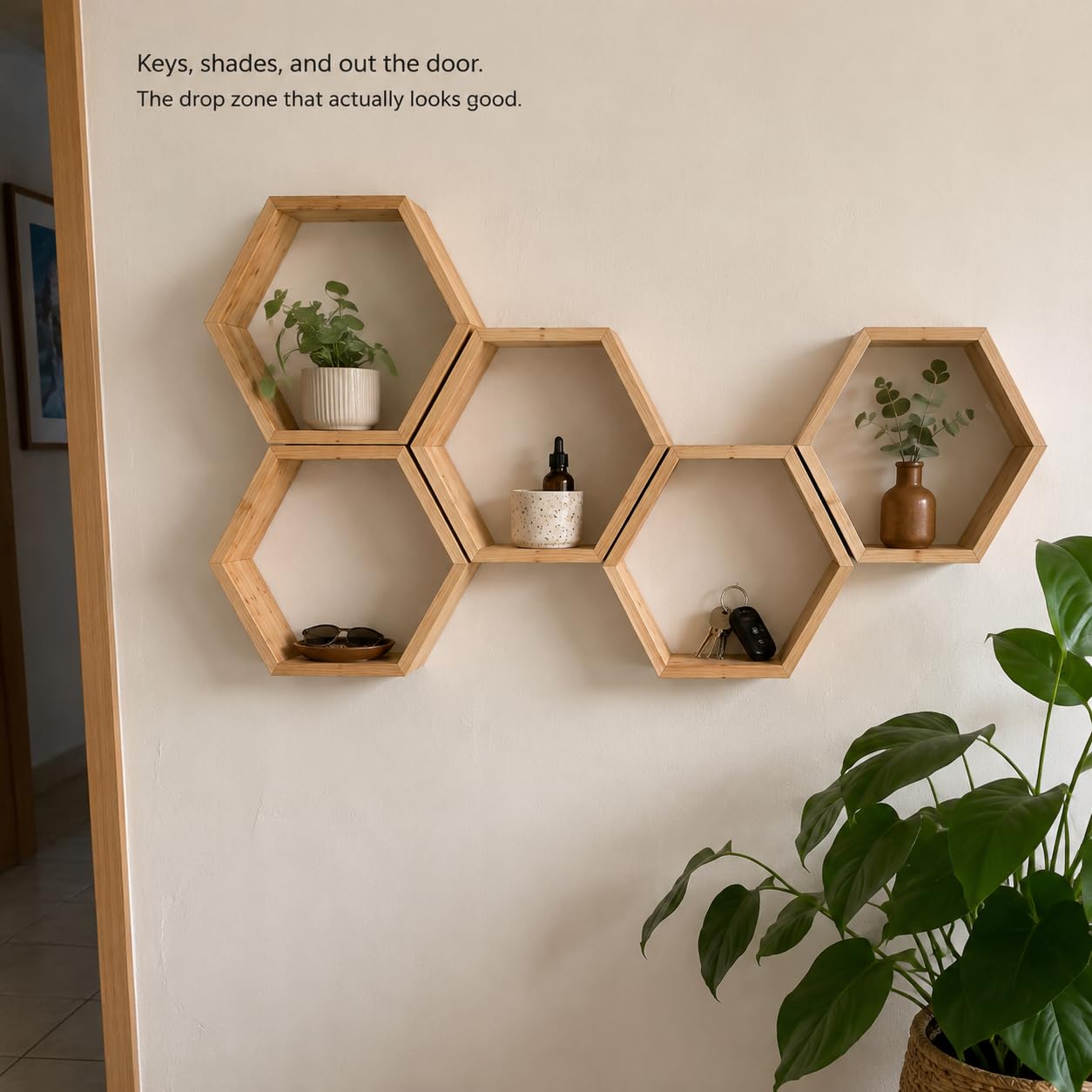 Hexagon Floating Shelves Set of 5, Wooden Honeycomb Wall Shelves for Plants, Rustic Wall Mounted Display Shelves for Bedroom, Living Room, Bathroom, Nursery & Home Decor