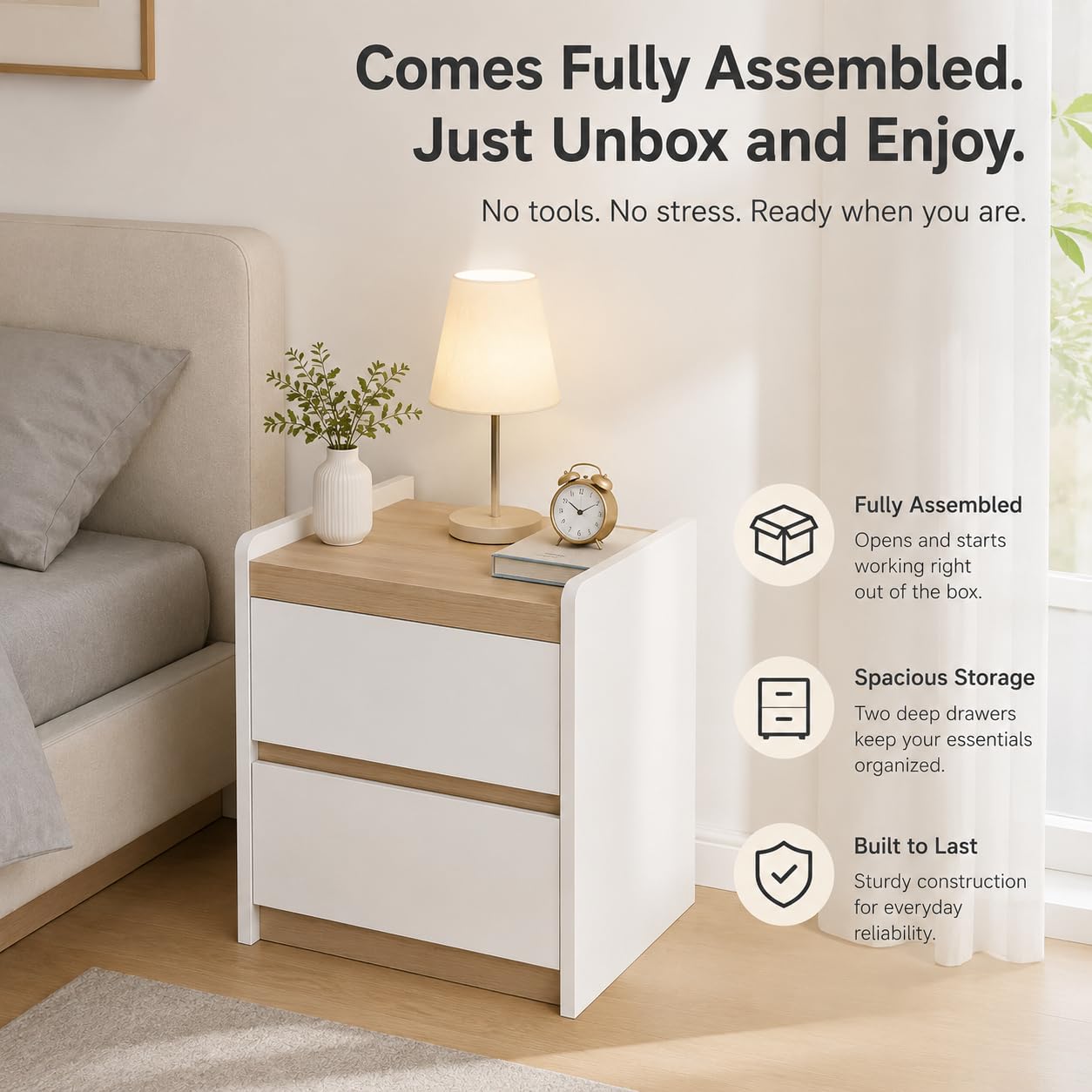Modern Bedside Table with 2 Drawers, Fully Assembled Nightstand, Wooden End Table for Bedroom, Small Storage Cabinet with Smooth Sliding Drawers, White/Natural Wood