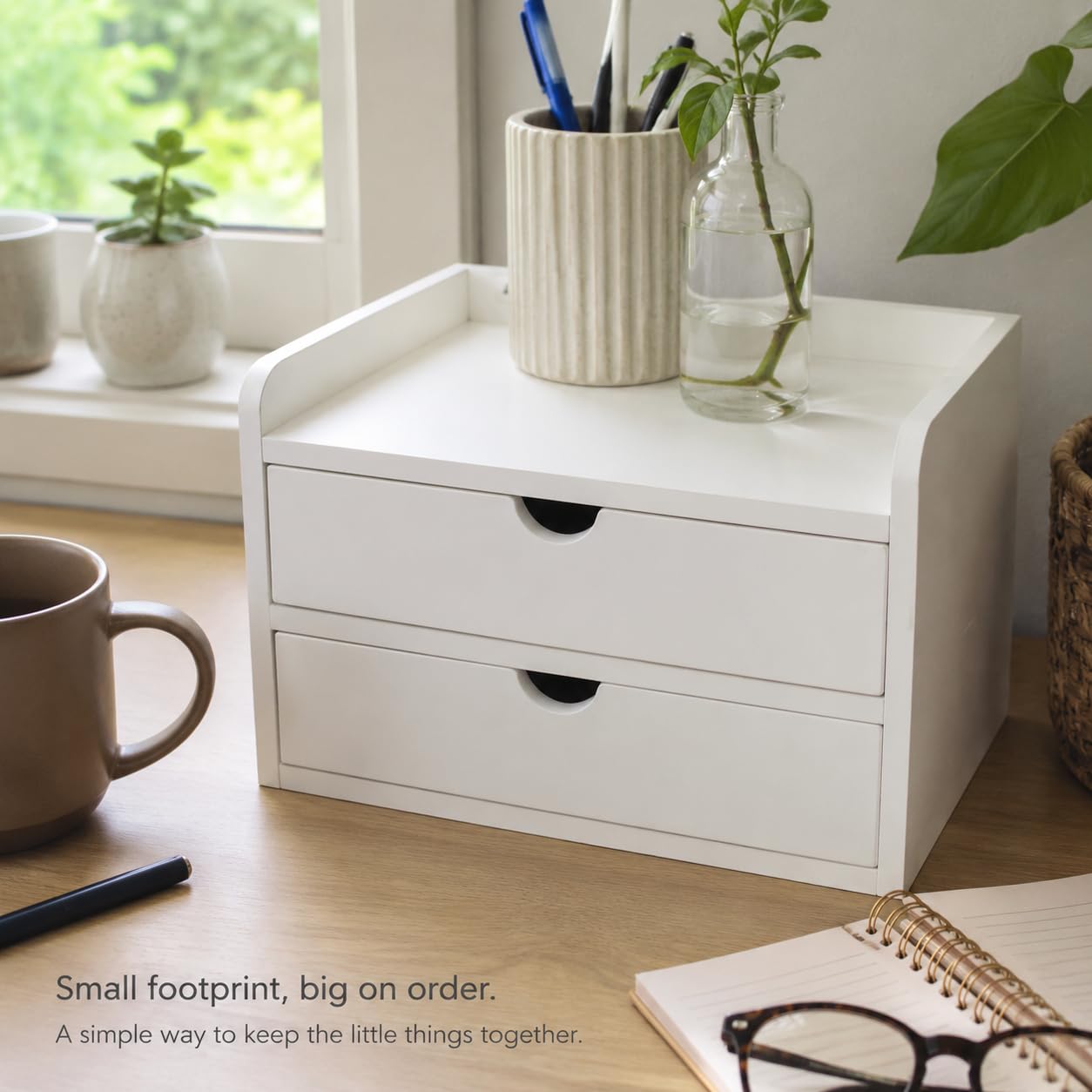 Desktop Organizer with 2 Drawers, Wooden Desk Shelf Storage Cabinet, Monitor Stand Riser for Office Supplies, Books & Accessories, Desktop Bookcase for Home Office, White