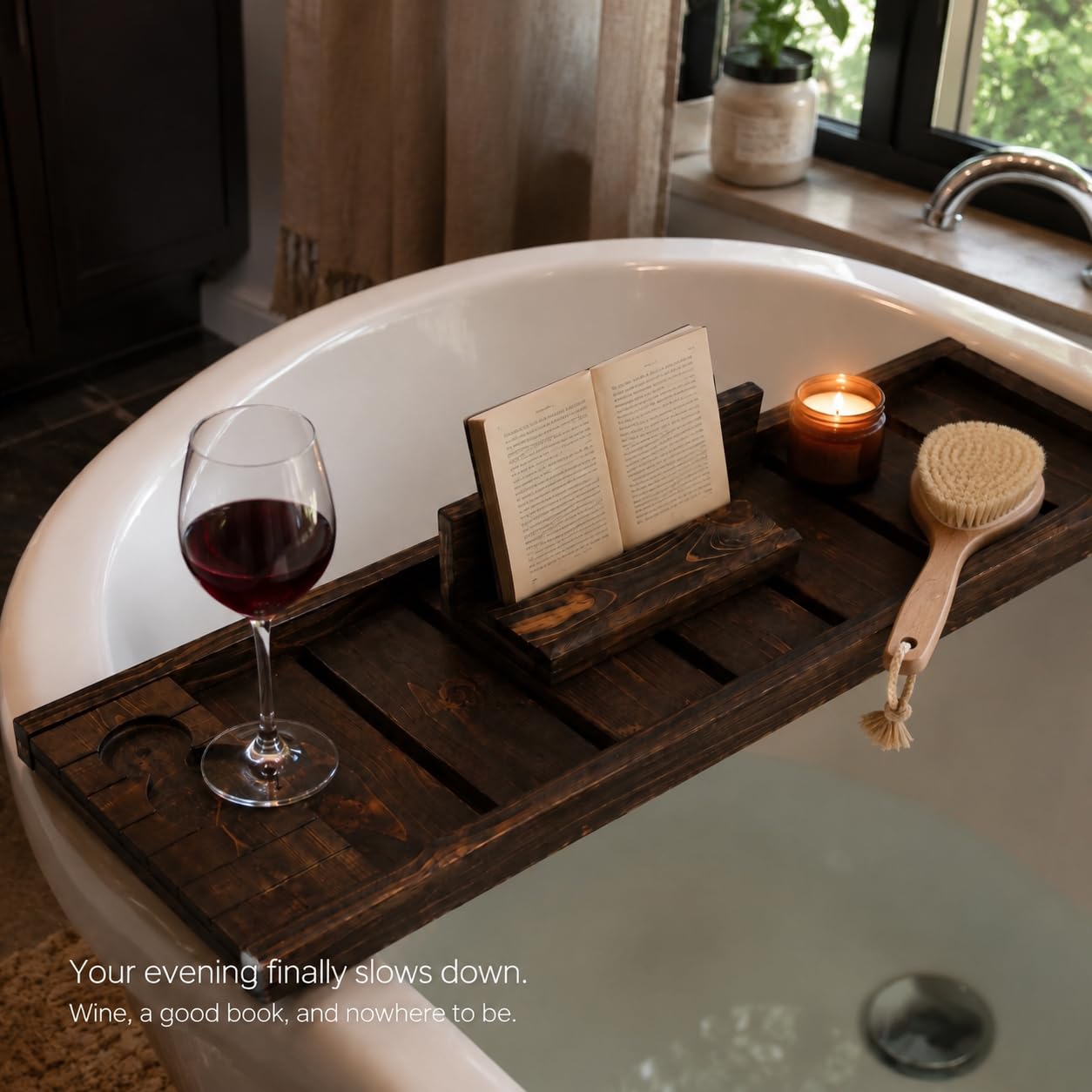 Wooden Bathtub Caddy Tray, Expandable Bath Tub Tray with Tablet & Phone Holder, Wine Glass Slot, Spa Bath Tray Organizer for Book, Candle & Bathroom Accessories
