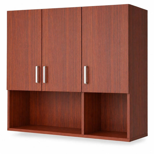 Kikbo Wall Mounted Kitchen Cabinet, 3-Door MDF Wood Storage Cupboard, 35.4”W x 11.8”D x 31.5”H (90x30x80cm), Space Saving Hanging Pantry Organizer with Shelves for Kitchen, Bathroom, Dining Room
