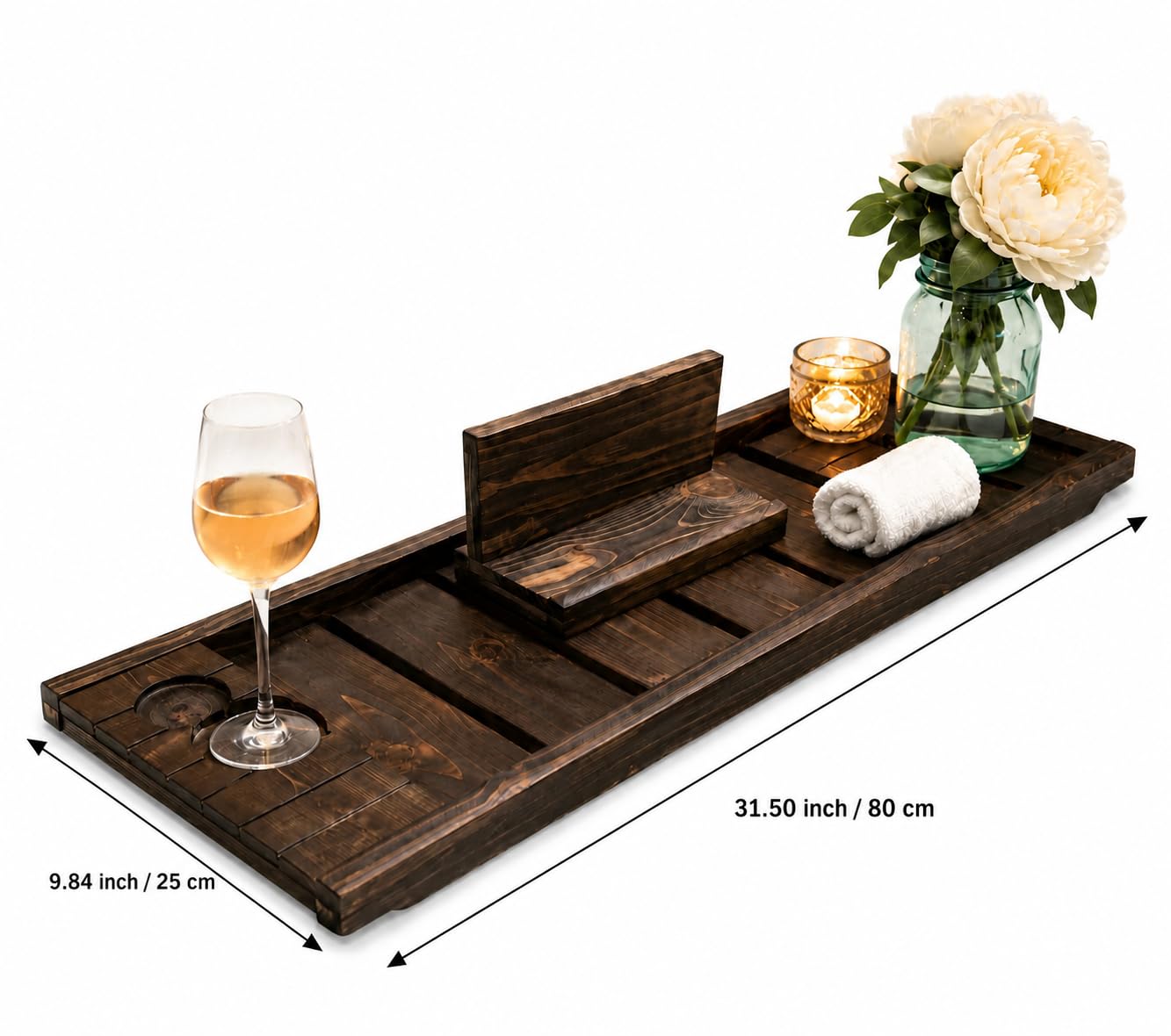 Wooden Bathtub Caddy Tray, Expandable Bath Tub Tray with Tablet & Phone Holder, Wine Glass Slot, Spa Bath Tray Organizer for Book, Candle & Bathroom Accessories