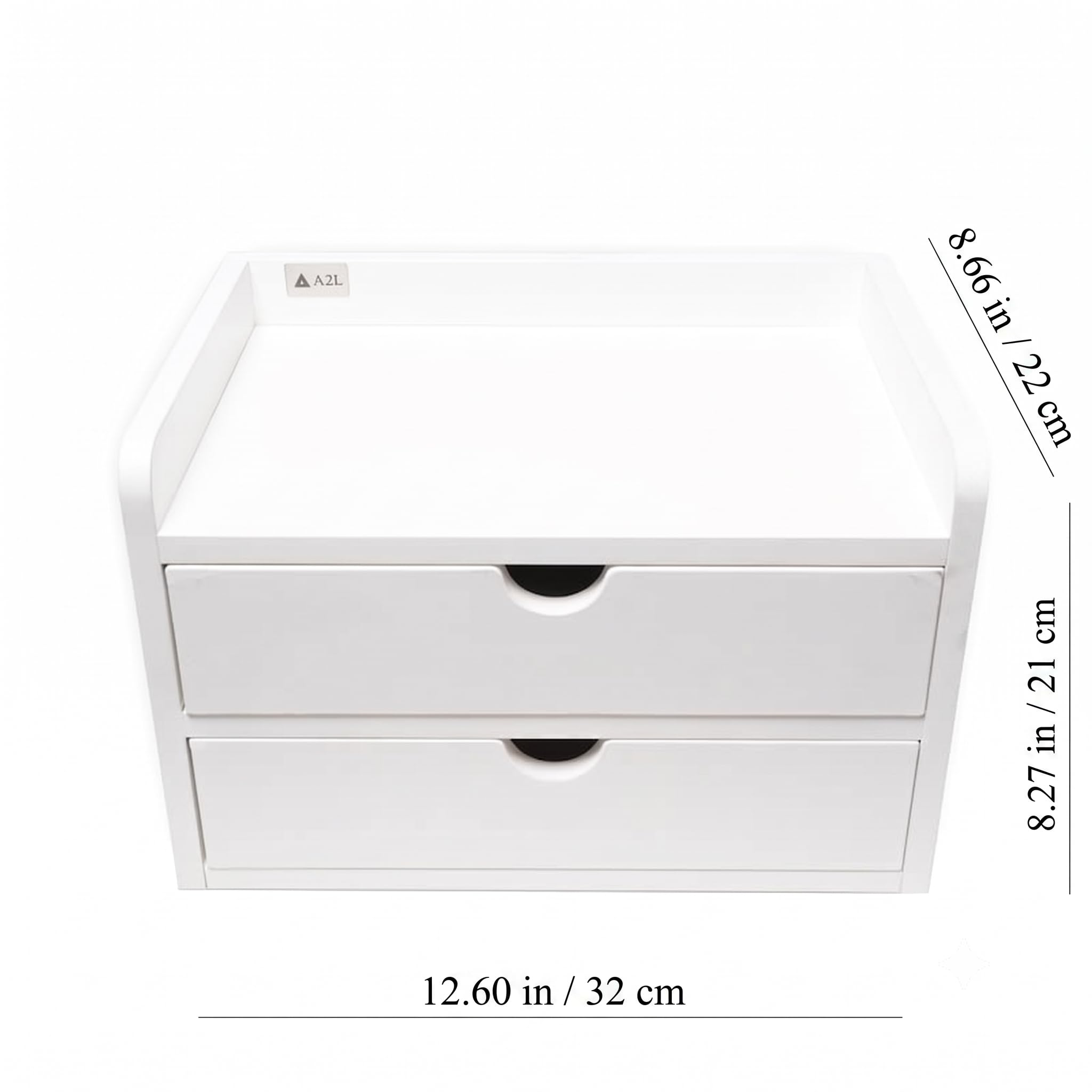 Desktop Organizer with 2 Drawers, Wooden Desk Shelf Storage Cabinet, Monitor Stand Riser for Office Supplies, Books & Accessories, Desktop Bookcase for Home Office, White