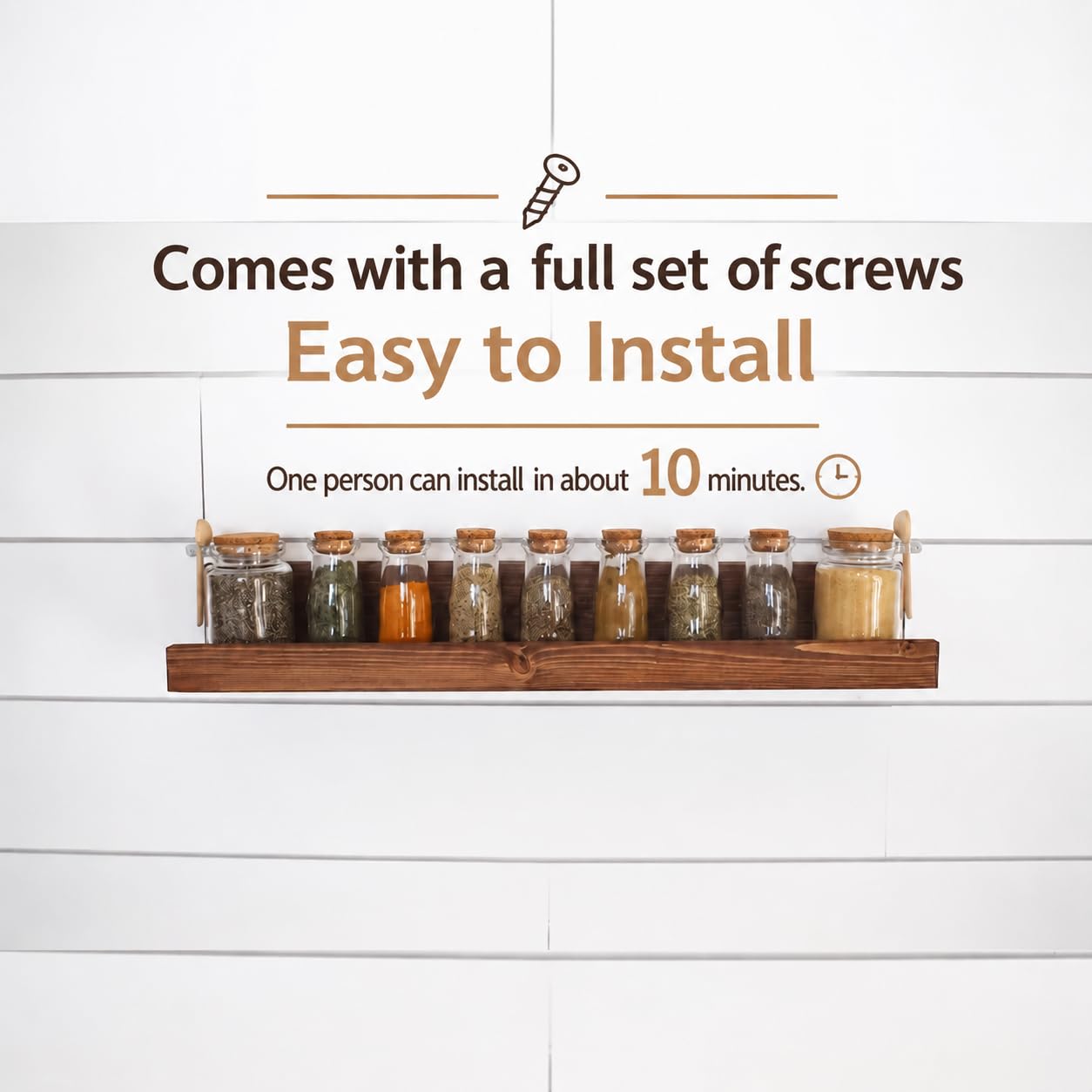 24-Inch Rustic Wooden Floating Shelf, Wall Mounted Spice Rack Organizer for Kitchen & Studio Decor, Premium Pine Wood Lipped Ledge Shelf with Protective Coating, Brown (Includes Hardware)