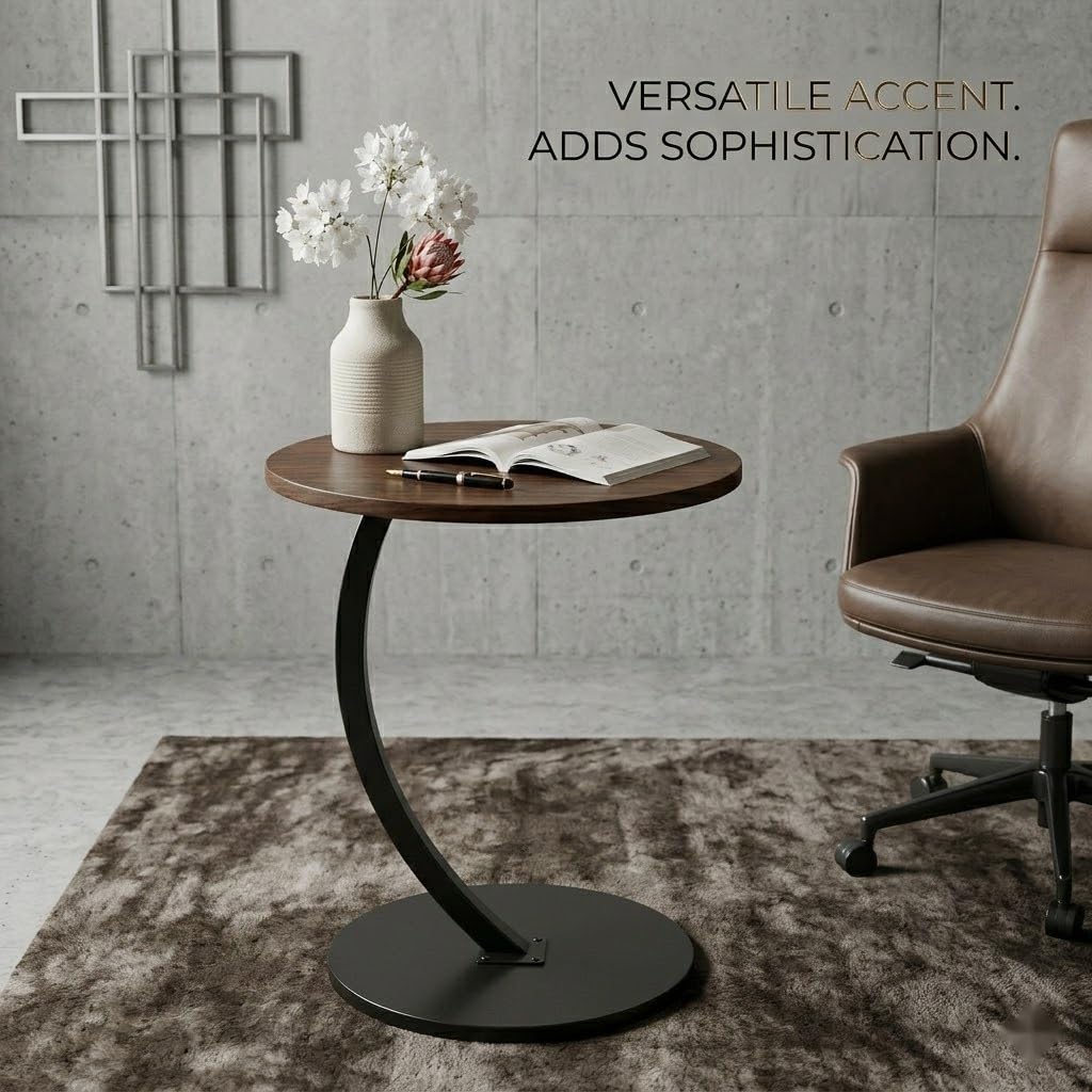 Modern Round C-Shaped Side Table, Small End Table for Sofa, Space Saving Coffee Table for Living Room & Bedroom, MDF Top with Metal Frame