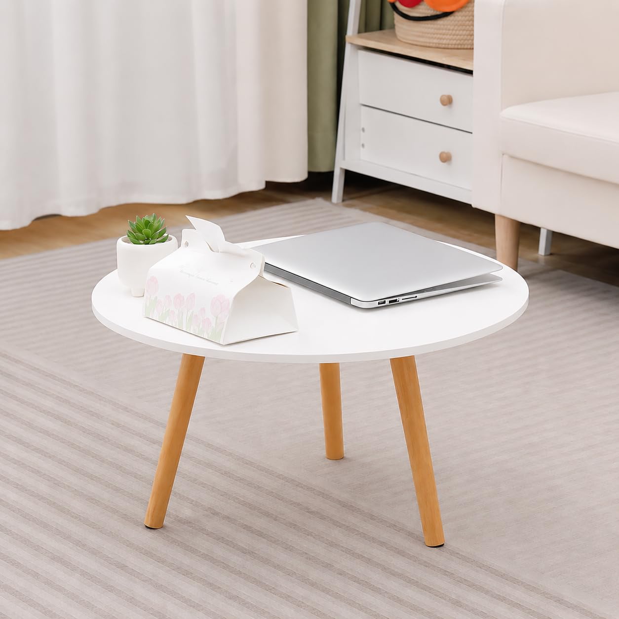 Round Coffee Table, 23.6" Modern Accent Tea Table with Wood Legs, Small Center Table for Living Room, Bedroom, Apartment, Easy Assembly, White