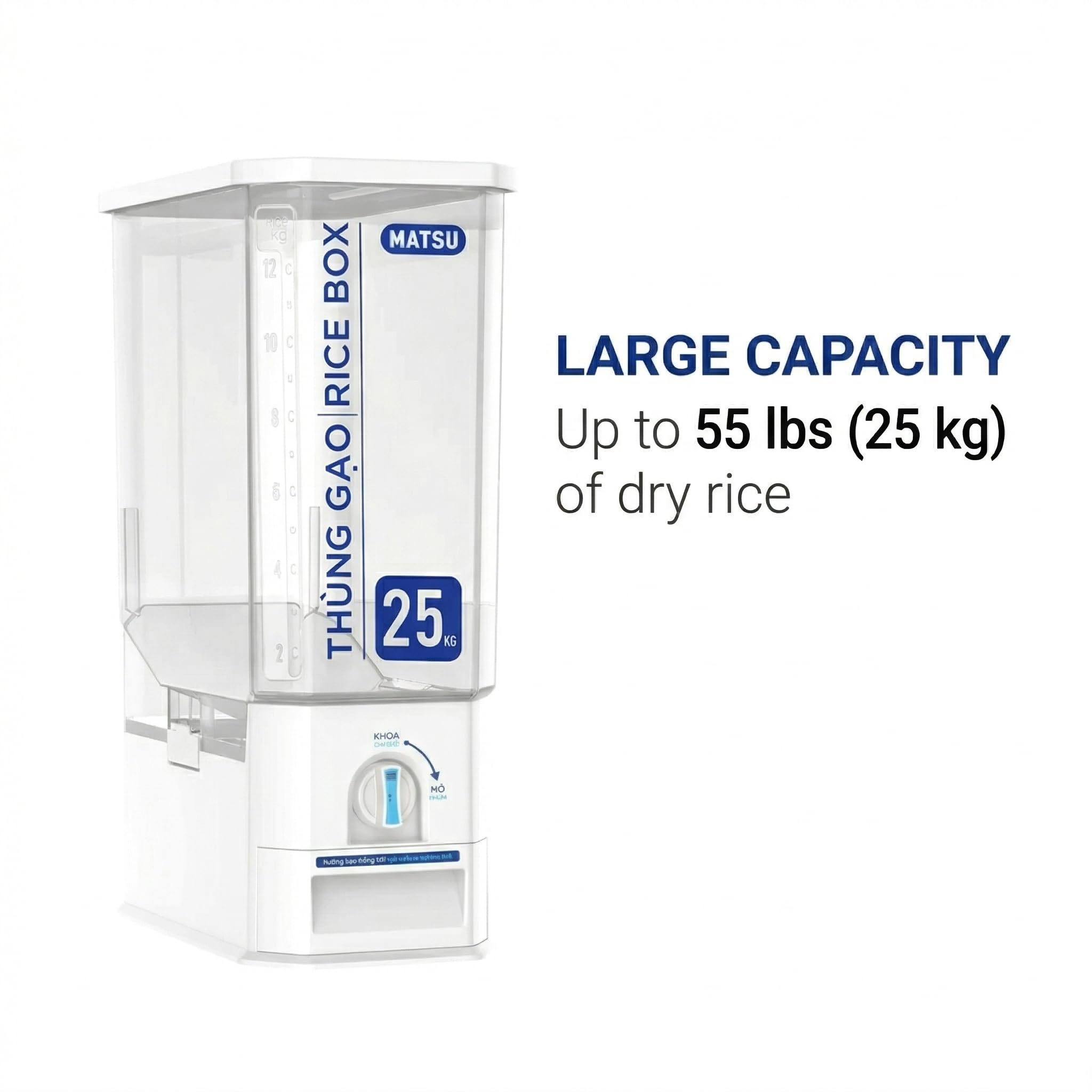 Kikbo 2-Pack LARGE Rice and Small Grains Dispenser 55 lbs / 25kg - Keep Fresh, Easy Fast Food Prep Rice Beans Flour Grains, No Mess Pantry Kitchen Organizer (1 Gray + 1 Blue/White)