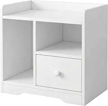 Small Nightstand with Drawer and Shelf, Bedside Table with Open Storage Cubby, Modern End Table for Bedroom, Space Saving Organizer for Small Spaces, White Cabinet