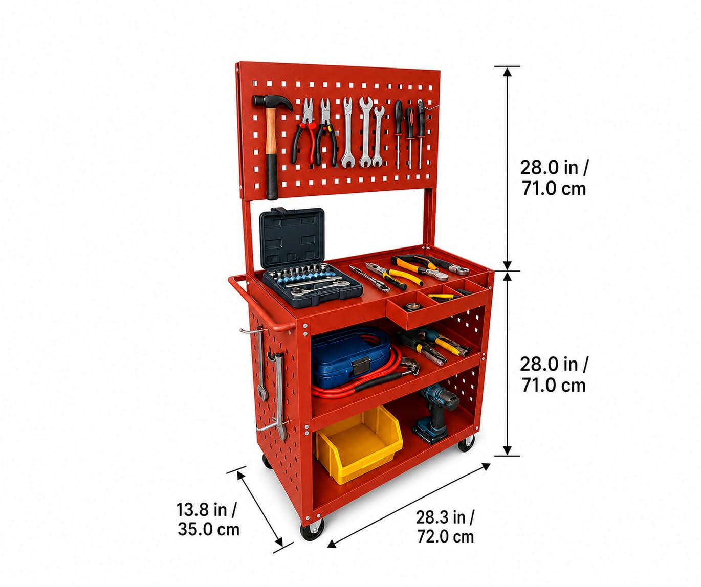 3-Tier Rolling Steel Tool Cart with Pegboard and 15 Hooks - 360 Degree Swivel Wheels - 330 lb Capacity Workshop Garage Utility Trolley - Red