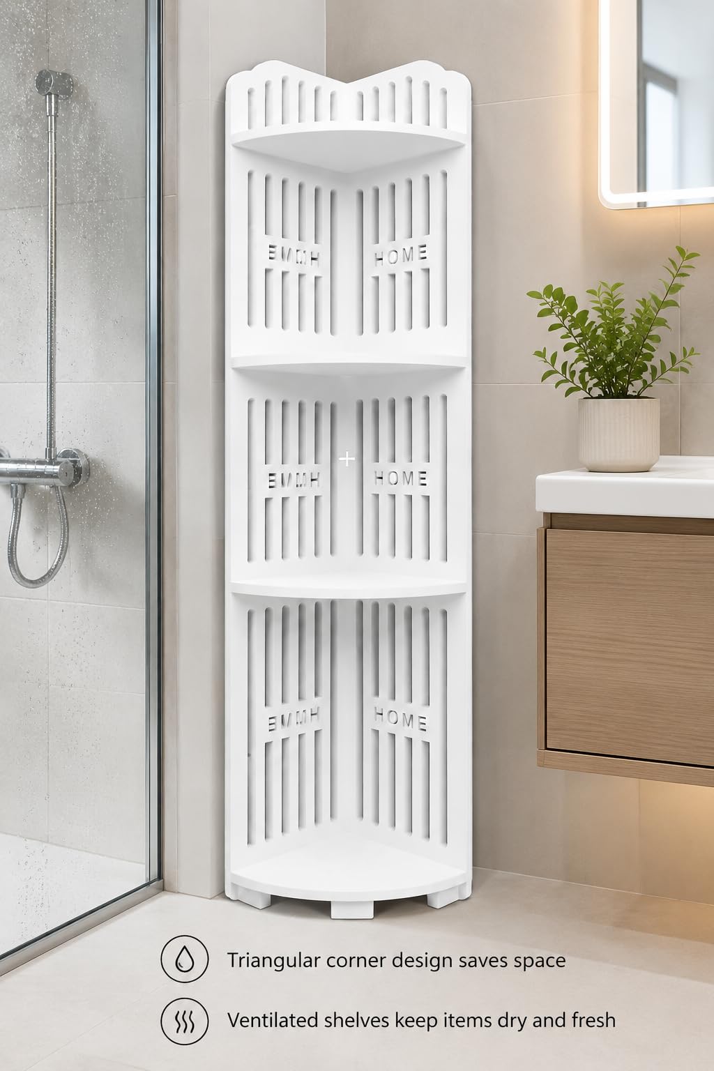 4-Tier Corner Shower Caddy Shelf, Waterproof PVC Bathroom Corner Storage Organizer, Freestanding Space Saving Rack for Shampoo, Toiletries and Bath Accessories, White