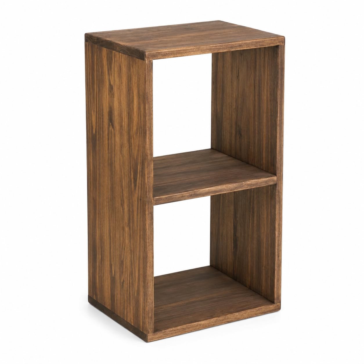 Modern 2-Tier Solid Wood Bedside Table, 23.6” Small Nightstand & End Table for Bedroom, Rustic Pine Wood Open Cube Storage Shelves, Accent Bookcase Display Shelf for Living Room, Walnut Finish