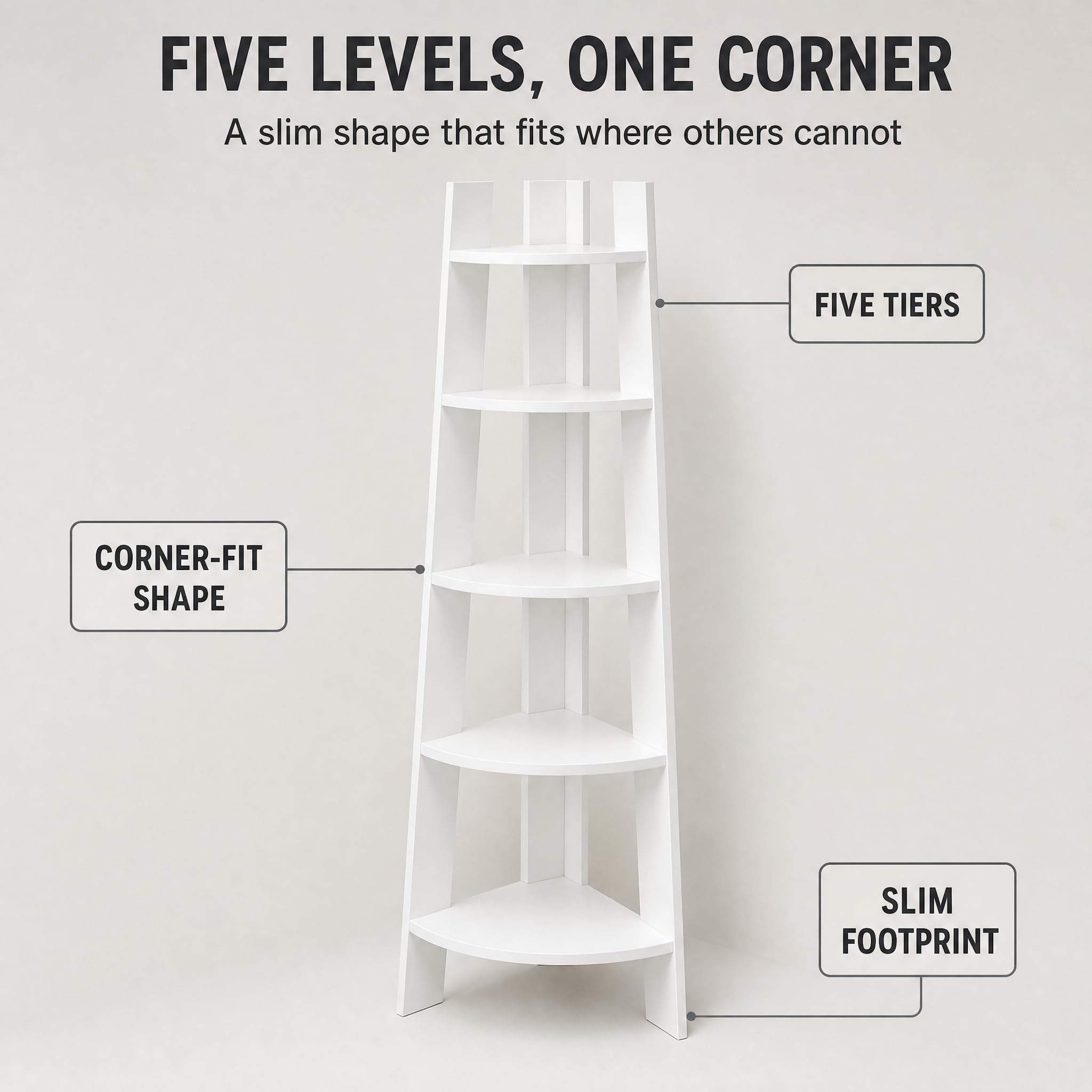 5-Tier Corner Shelf Stand, Space Saving Wooden Corner Storage Rack, Freestanding Display Bookshelf Organizer for Living Room, Bedroom, Bathroom, Office, Small Spaces, White