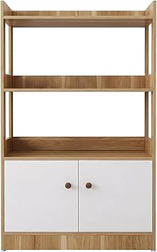 Kitchen Storage Cabinet with Doors and Open Shelves, Microwave Stand with 3-Tier Organizer, Wooden Kitchen Rack for Dining Room, Living Room, Pantry, Natural Wood & White