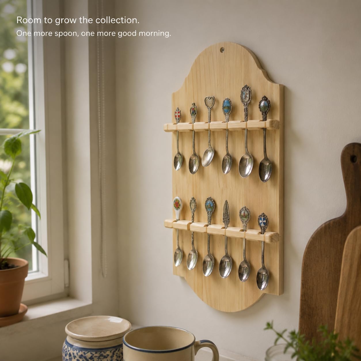Wall Mounted Wooden Spoon Rack, Rustic Kitchen Utensil Organizer with 2 Shelves and 12 Hooks, Farmhouse Wood Storage Display Rack for Spoons, Ladles, Spatulas, Kitchen Decor