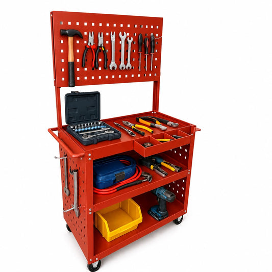 3-Tier Rolling Steel Tool Cart with Pegboard and 15 Hooks - 360 Degree Swivel Wheels - 330 lb Capacity Workshop Garage Utility Trolley - Red